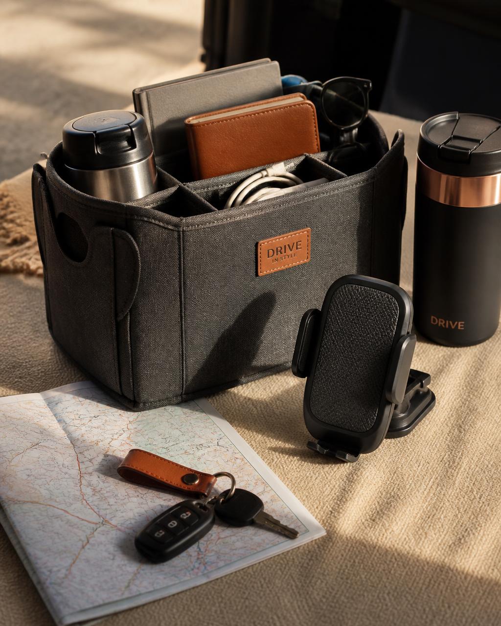 A car organizer, travel mug, phone mount and keys arranged in warm light