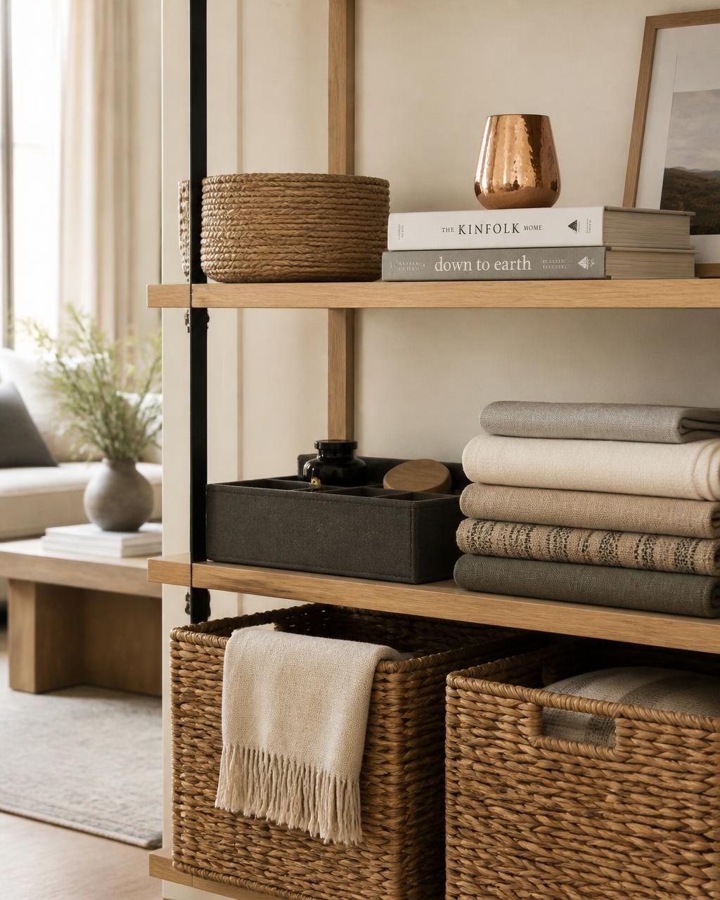 Woven baskets, folded linens and an organizer tray on light oak shelving